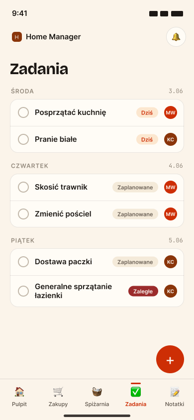 Ekran zadań aplikacji Home Manager